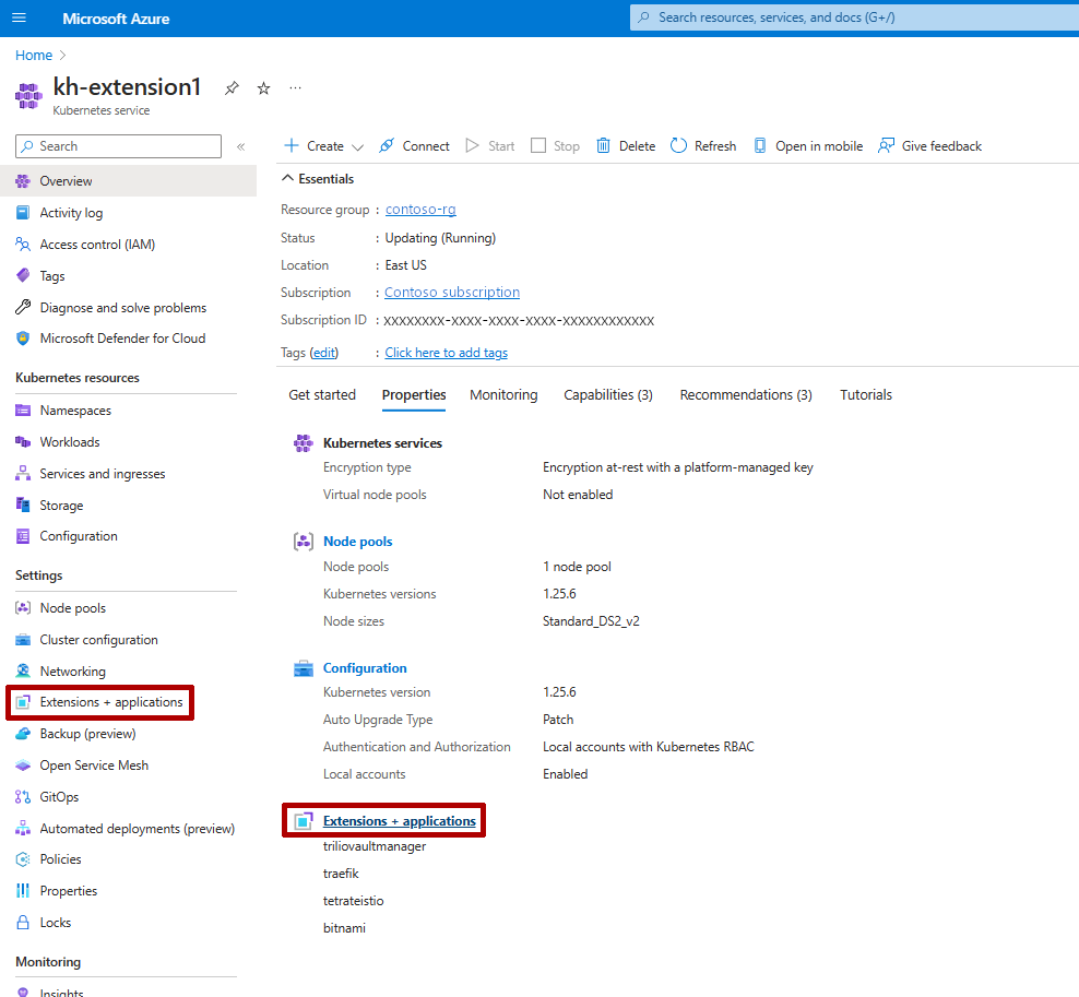 The Azure portal page for the A K S cluster. 'Extensions + Applications' is highlighted.