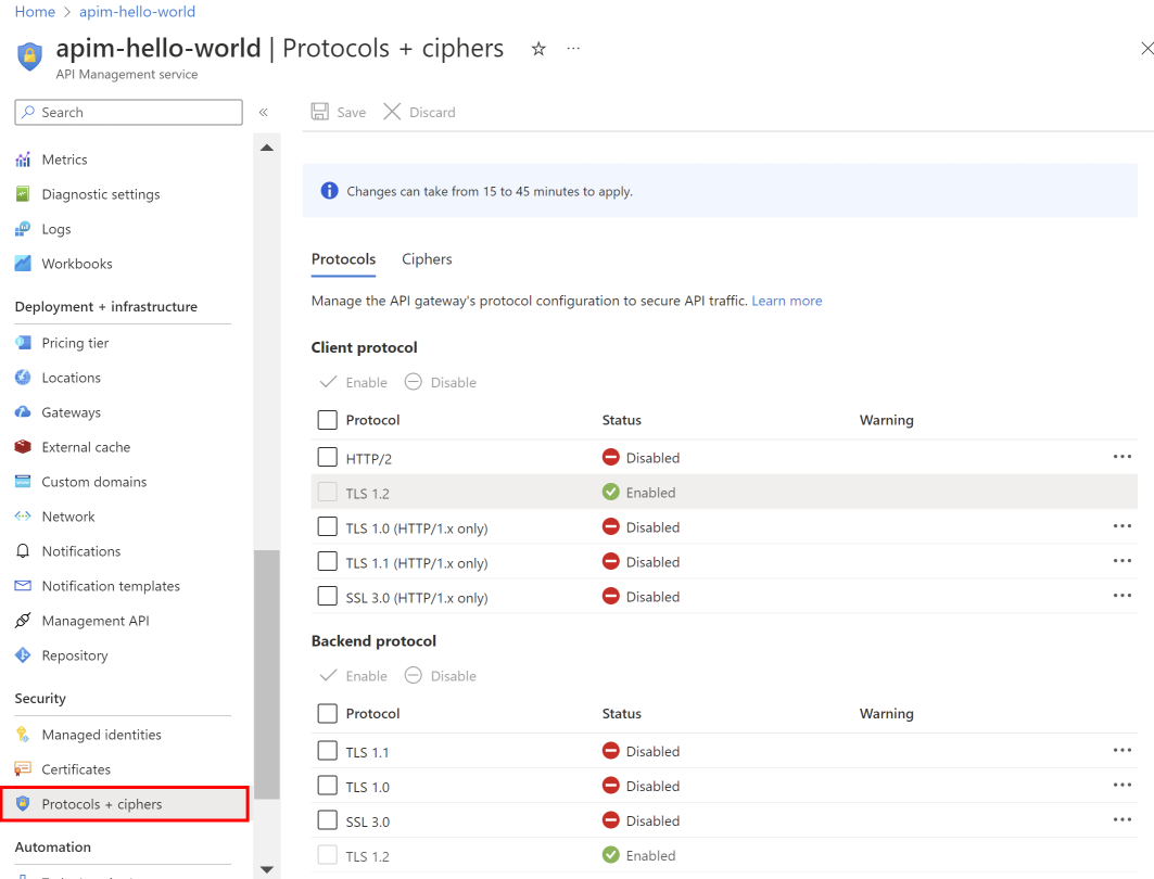 Screenshot of managing protocols and ciphers in the Azure portal.