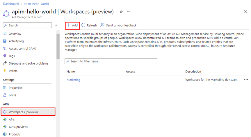 Screenshot of creating an API Management workspace in the portal.