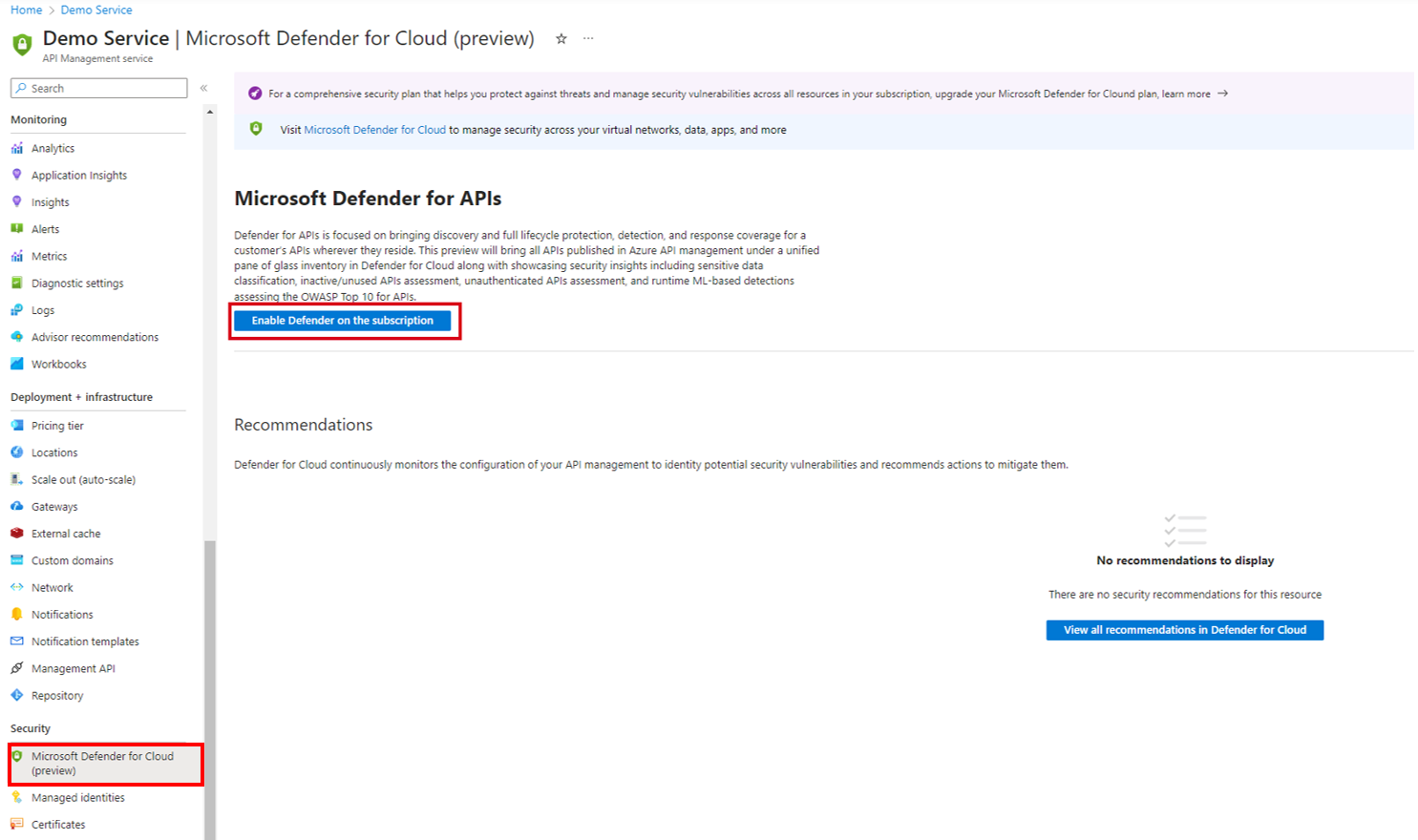Screenshot showing how to enable Defender for APIs in the portal.