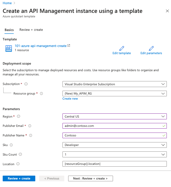 API Management template properties