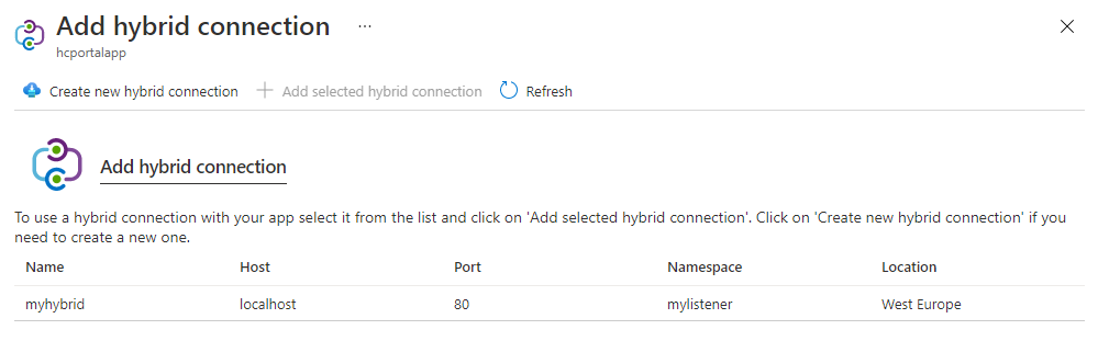 Screenshot of Hybrid Connection portal.
