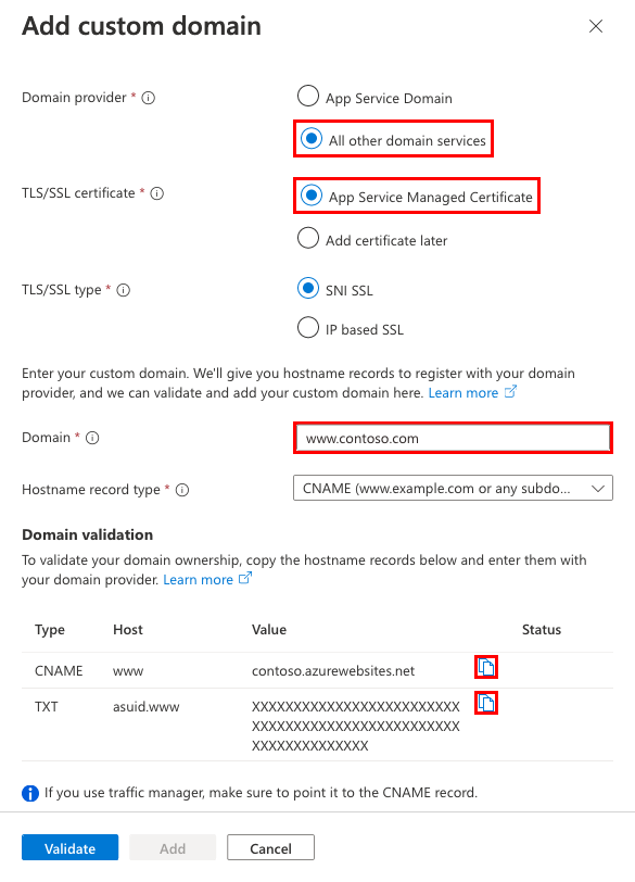 A screenshot showing how to configure a new custom domain, along with a managed certificate.