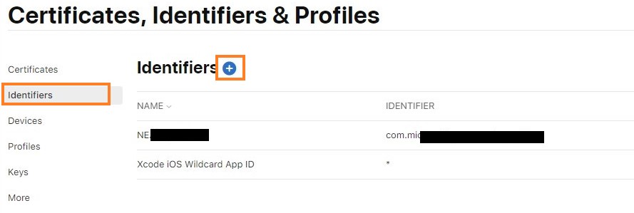 Screenshot shows the Identifier page with the plus icon highlighted in the Apple Developer Portal.
