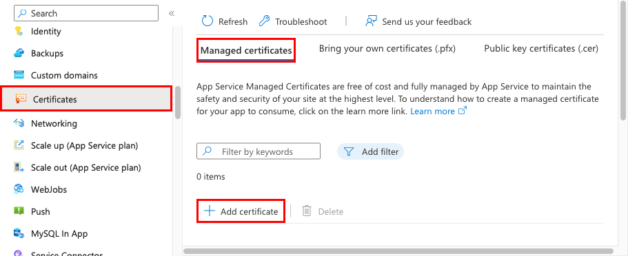 Screenshot of app menu with 'Certificates', 'Managed certificates', and 'Add certificate' selected.