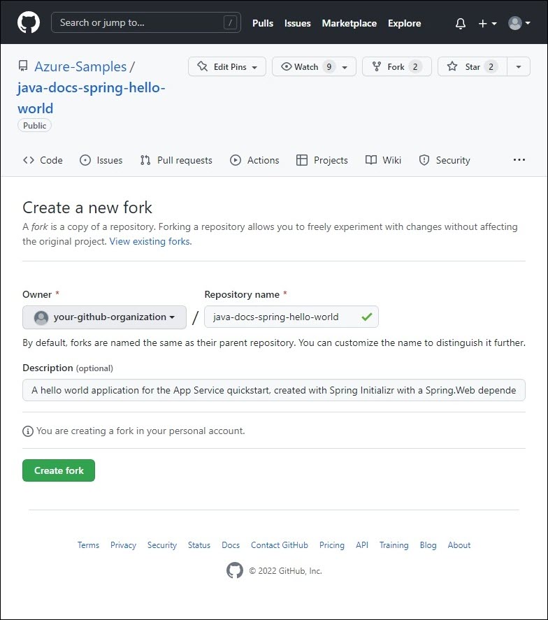 Screenshot of the Create a new fork page in GitHub for creating a new fork of Azure-Samples/java-docs-spring-hello-world.