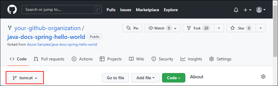 Screenshot of forked GitHub repo with the branch highlighted.