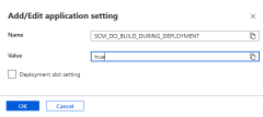 A screenshot showing the dialog box used to add an app setting in the Azure portal.