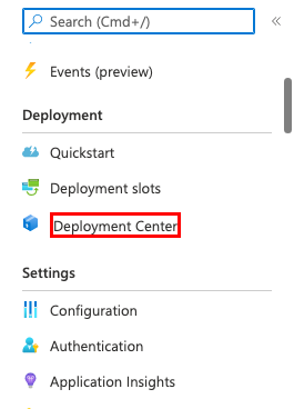 A screenshot showing how to open the deployment center in App Service.