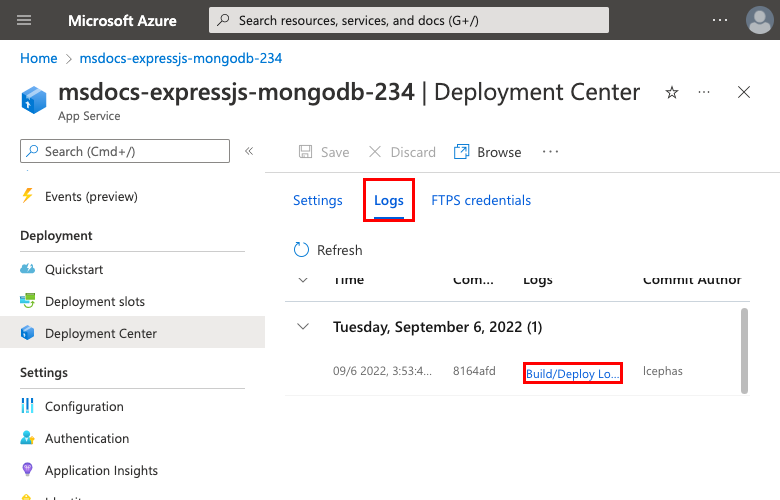 A screenshot showing how to open deployment logs in the deployment center.
