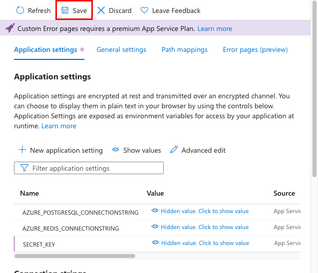 A screenshot showing how to save the SECRET_KEY app setting in the Azure portal.
