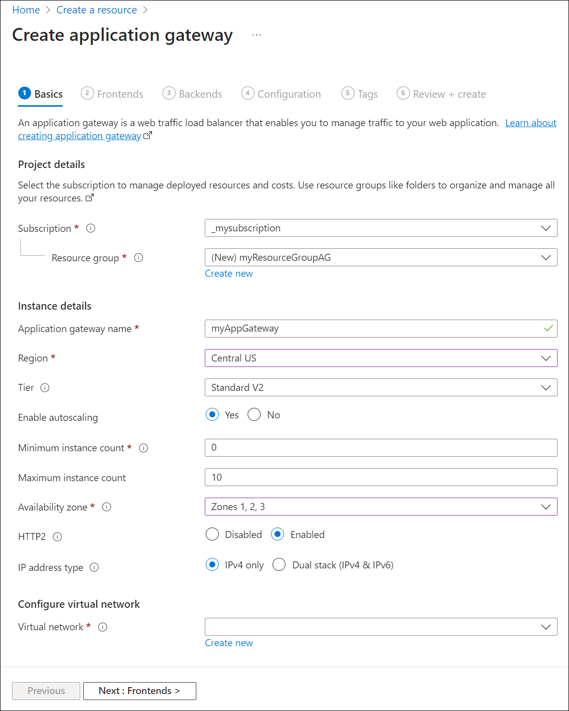 Create new application gateway: Basics