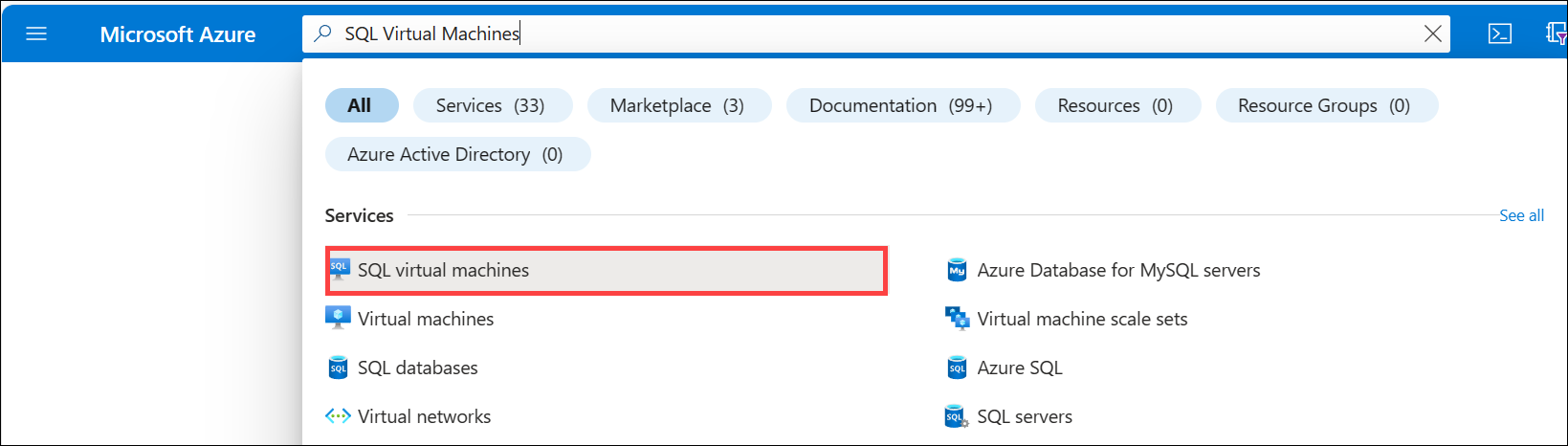 Screenshot of selecting SQL virtual machines in the Azure portal.