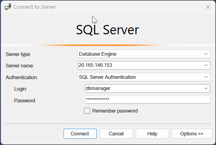 Screenshot displaying the connection to a SQL server.