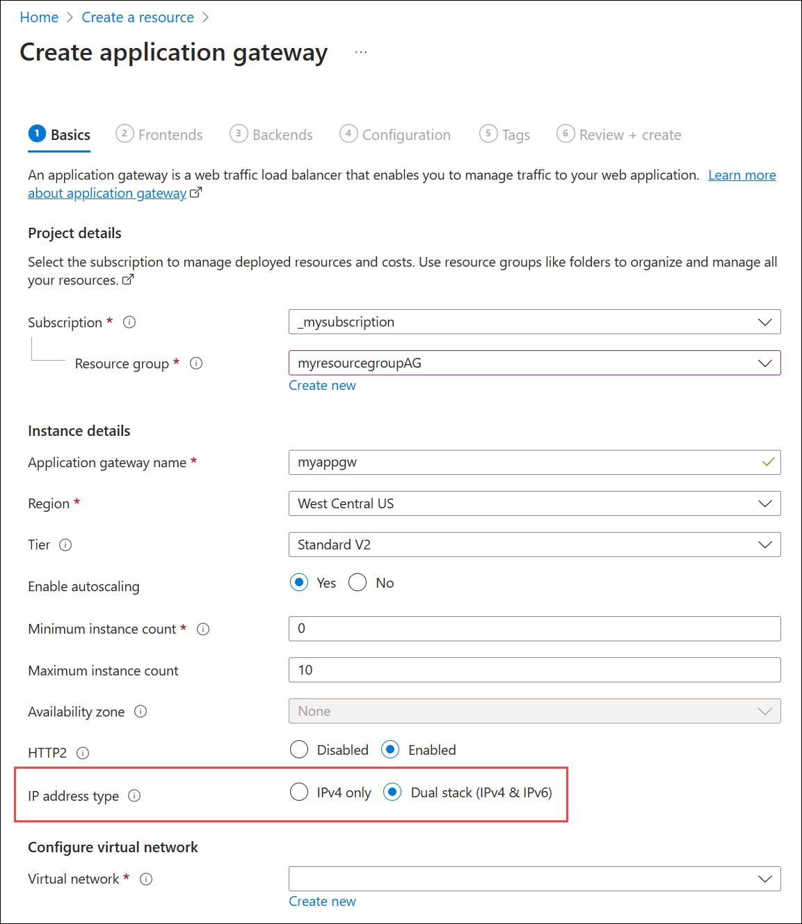 A screenshot of create new application gateway: Basics.