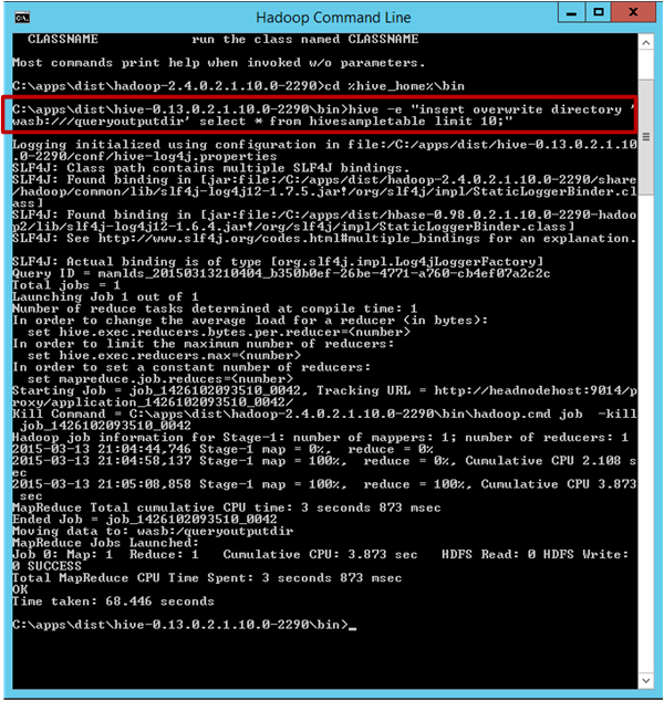 Screenshot shows the previous command in the Hadoop Command Line window.