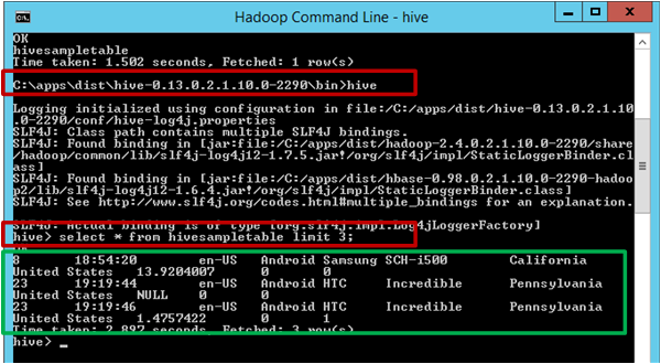 Open Hive command console and enter command, view Hive query output