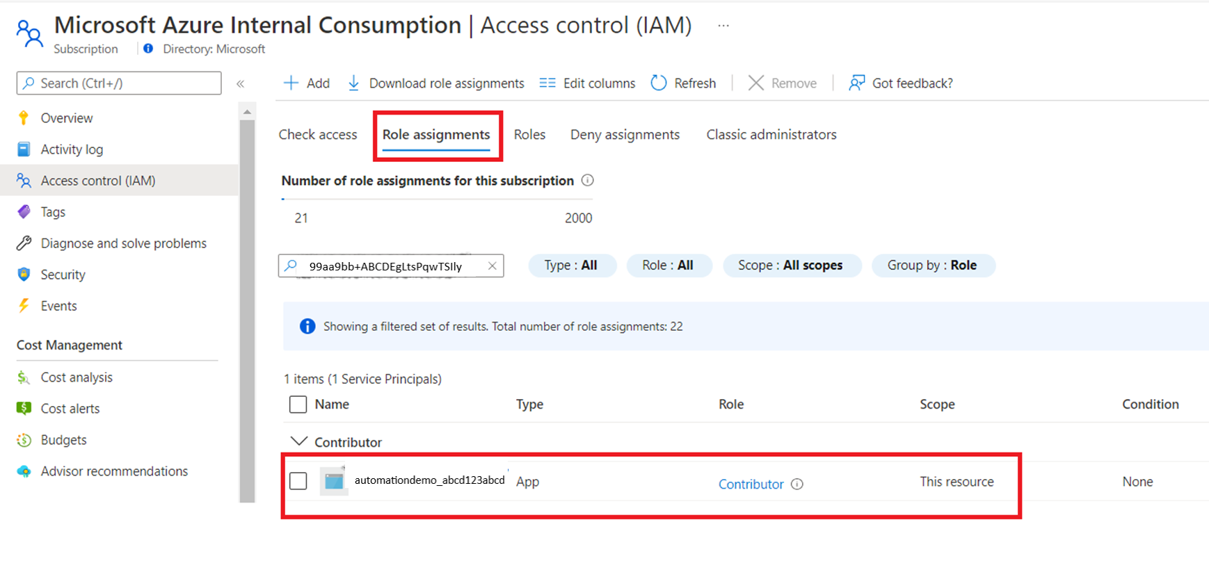 Screenshot that describes how to view the role and scope assigned to the enterprise application.