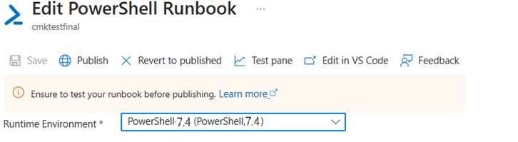 Screenshot shows how to edit runbooks in the runtime environment.