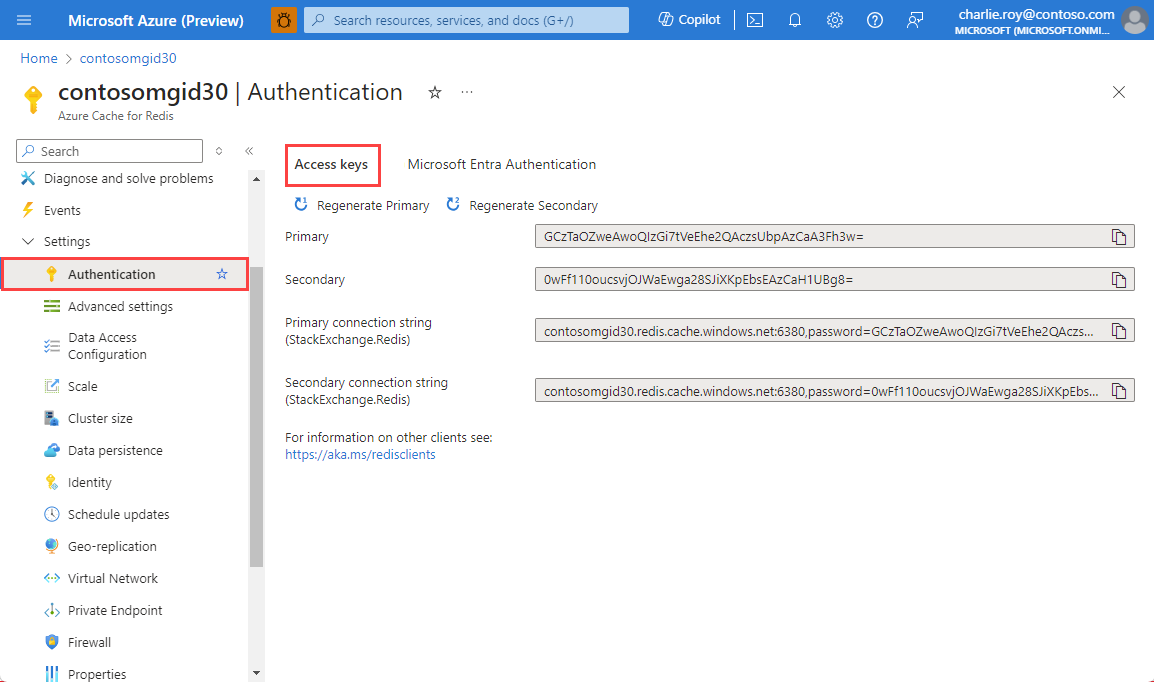 Screenshot showing Authentication selected in the Resource menu and access Keys in the working pane.