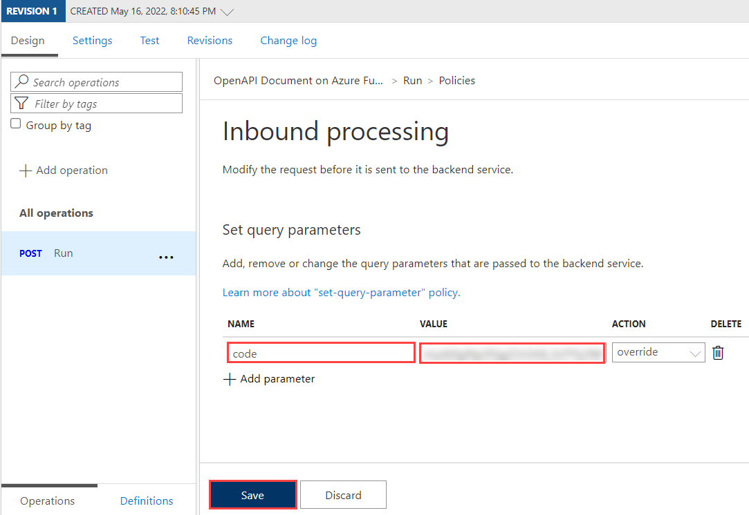 Provide Function credentials to the API inbound processing rule