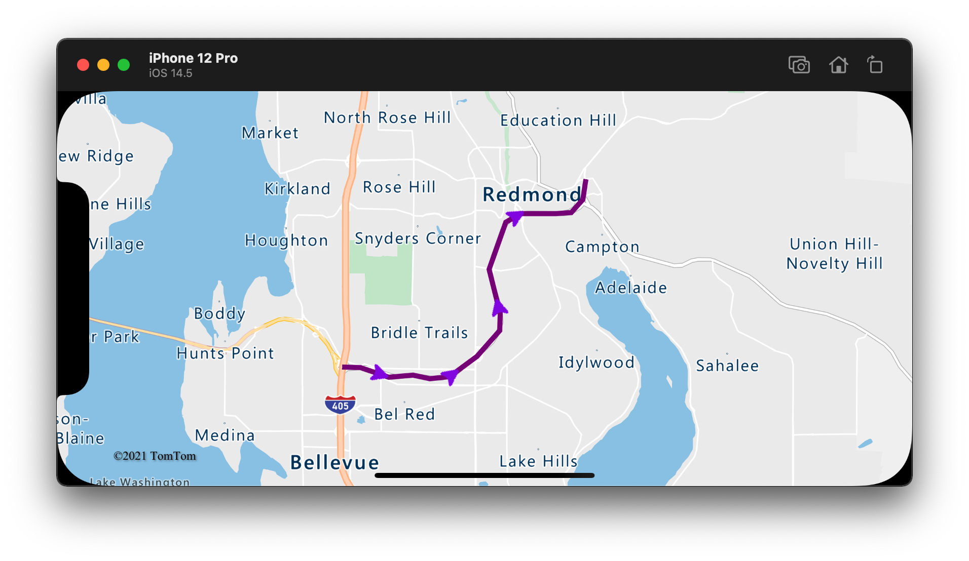 A line with purple arrow icons displayed along it pointing in the direction of the route.