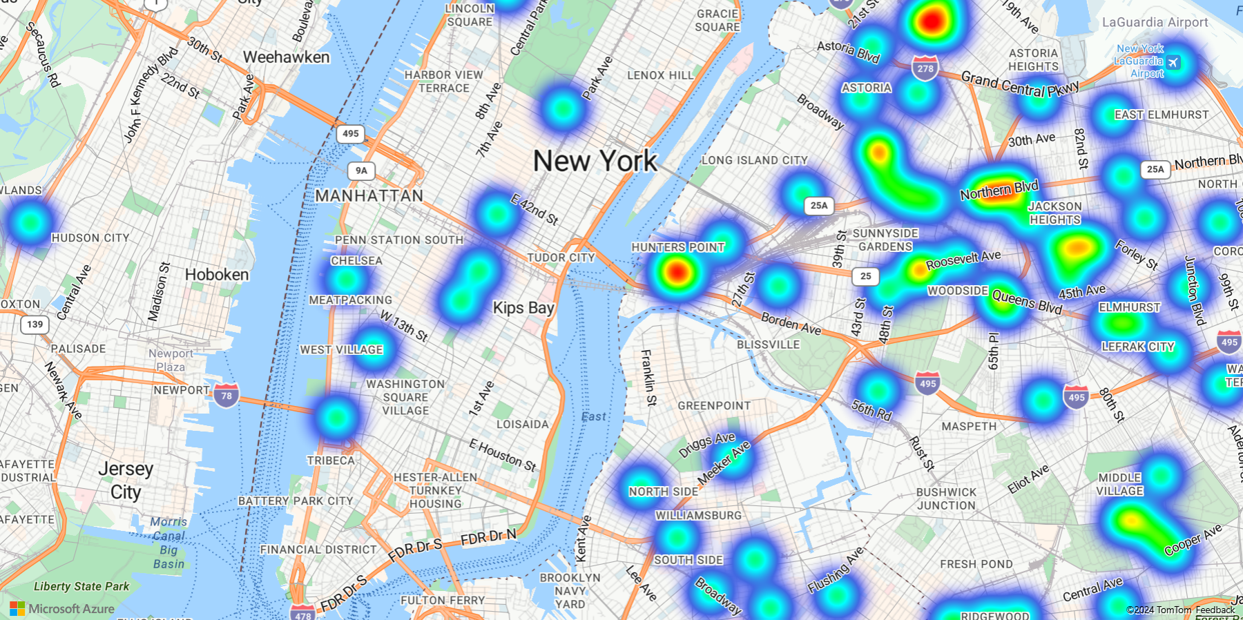 Screenshot showing a map displaying a heat map that uses a zoom expression that scales the radius for each zoom level.