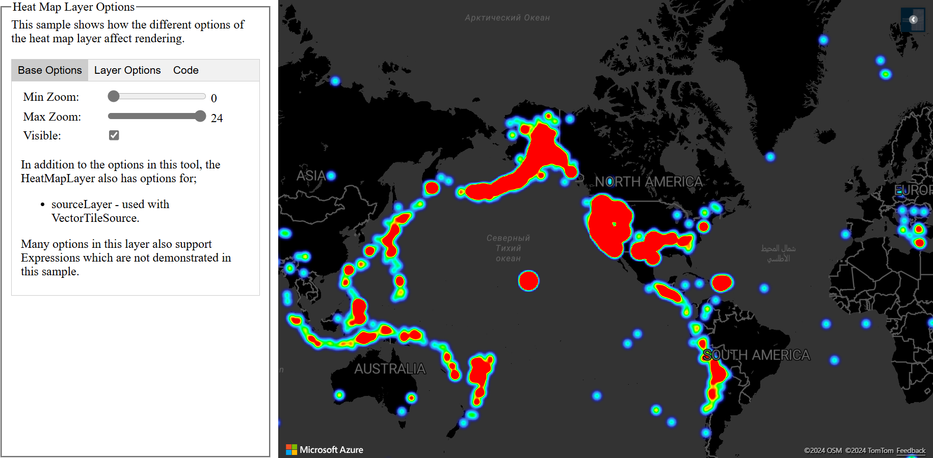 Screenshot showing a map displaying a heat map, and a panel with editable settings that show how the different options of the heat map layer affect rendering.