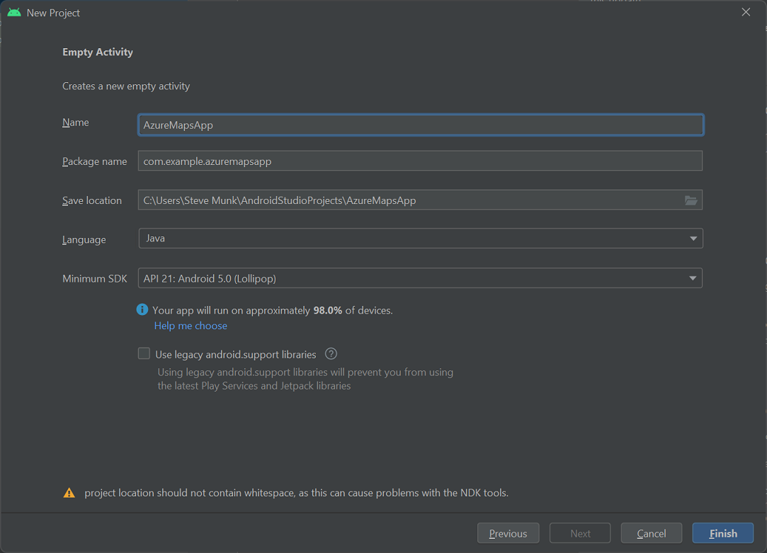 A screenshot that shows the Create an Empty Activity screen in Android Studio.