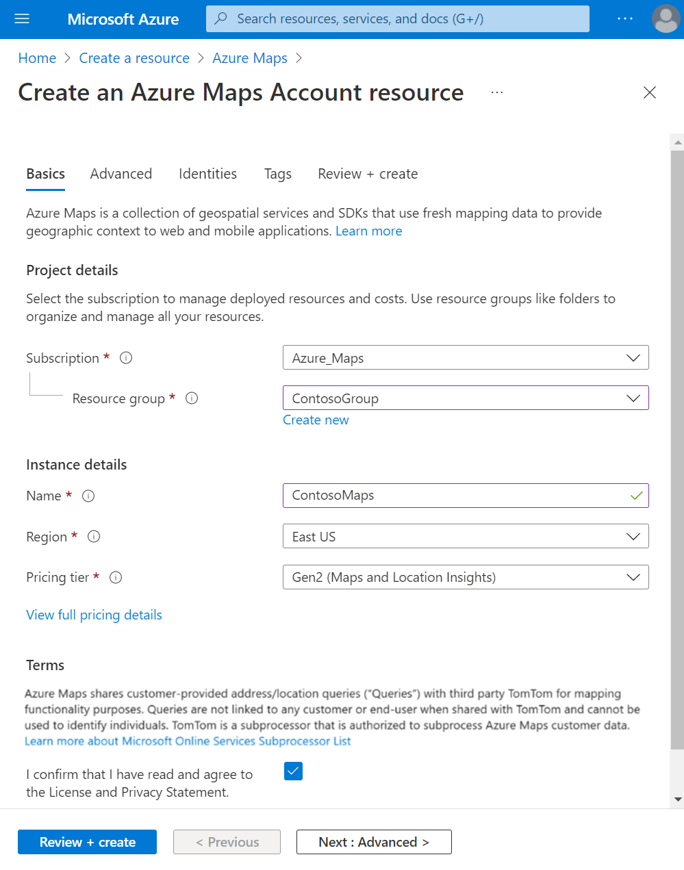 Create an Azure maps account.