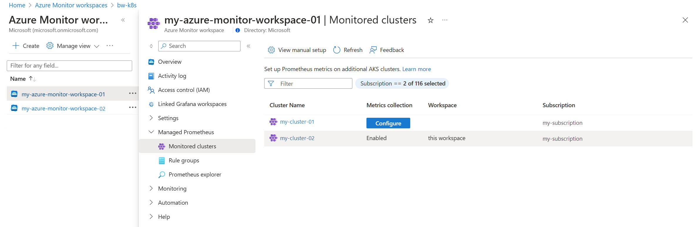 Screenshot that shows an Azure Monitor workspace with a Prometheus configuration.