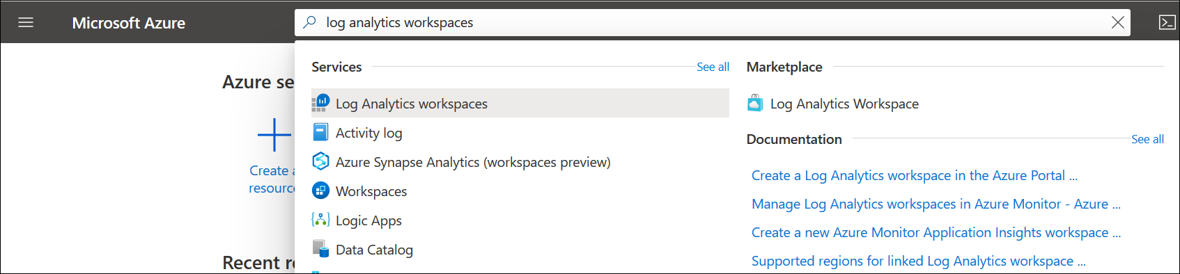 Screenshot that shows the search bar at the top of the Azure home screen. As you begin typing, the list of search results filters based on your input.