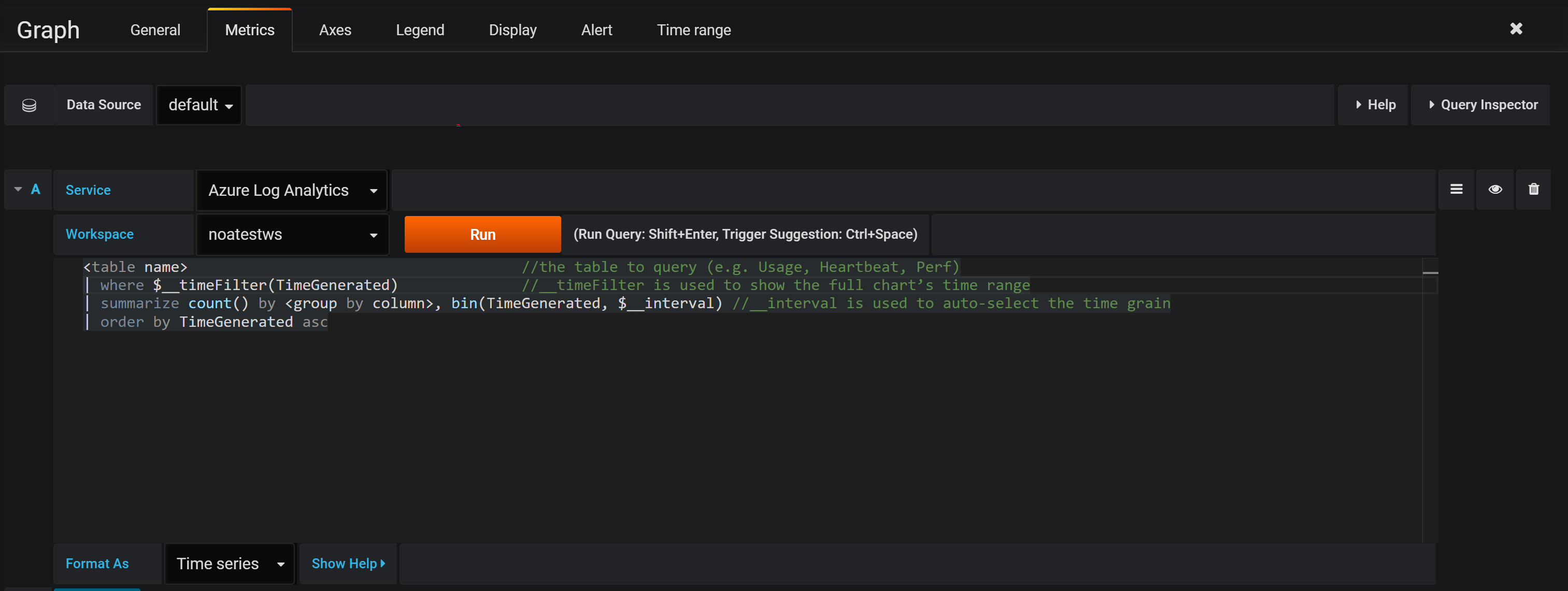 Screenshot of Grafana panel config for Azure Monitor logs.