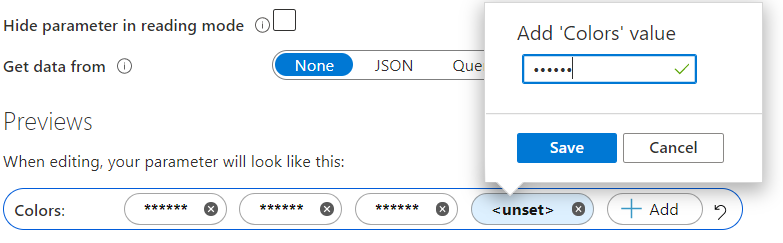 Screenshot that shows a workbook password multi-value field.