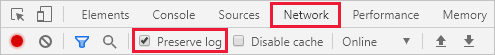 Screenshot that highlights the Preserve log option on the Network tab in Chrome.