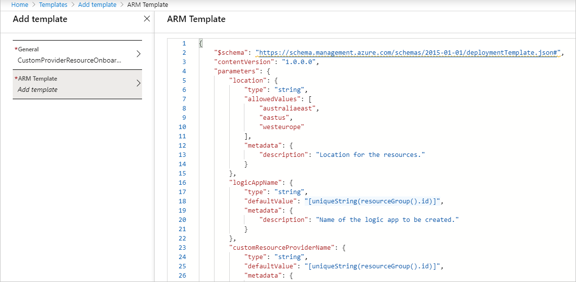 Screenshot of the Azure portal where the user pastes the JSON template into the ARM Template section.