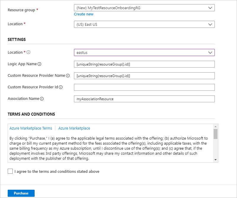 Screenshot of the Azure portal displaying the template parameters input fields for the custom resource provider deployment.