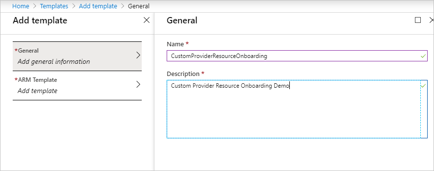 Screenshot of the General section in Azure portal where the user enters a Name and Description for the new template.