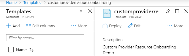 Screenshot of the Azure portal showing the newly created template with the Deploy button highlighted.