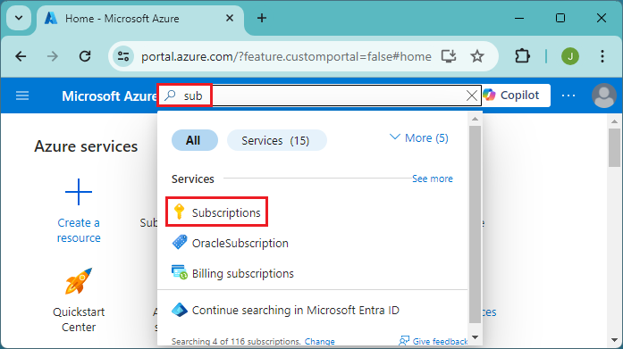 Screenshot of searching for subscriptions in the Azure portal.
