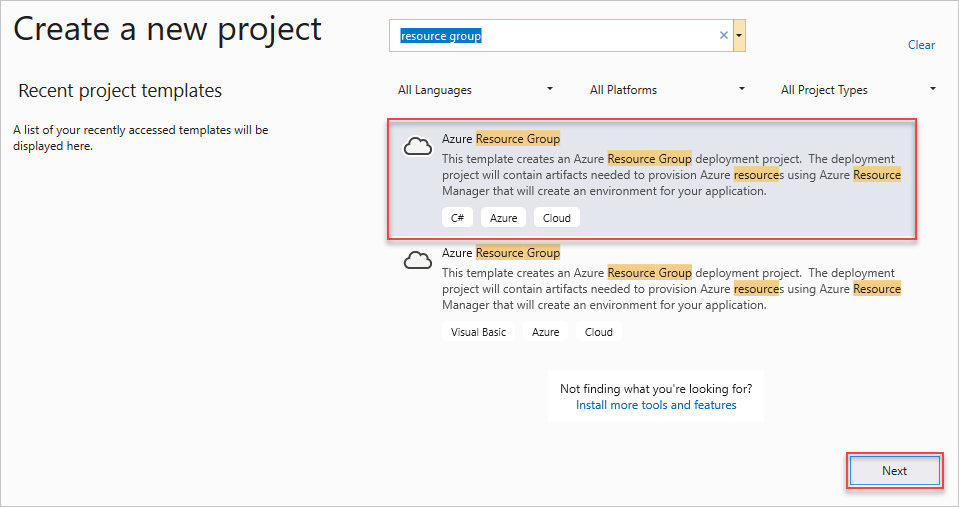 Screenshot shows the Create a new project window with Azure Resource Group and the Next button highlighted.