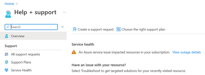 A screenshot of the Help+Support page showing a notification of an active service health issue..