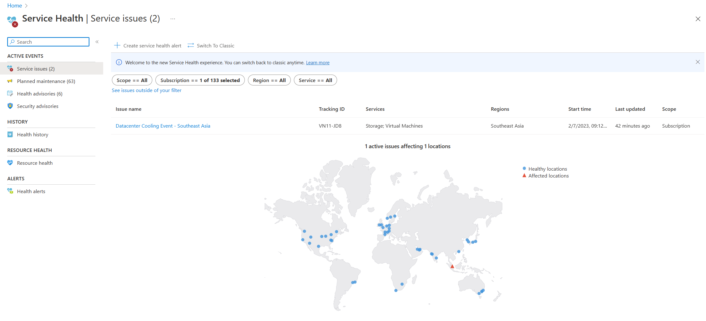 A screenshot of the Azure portal Service Health page during a service issue in Southeast Asia, showing the Issue and a map of affected resources.