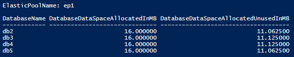 Screenshot of the output of the related PowerShell cmdlet, showing elastic pool allocated space, and unused allocated space.
