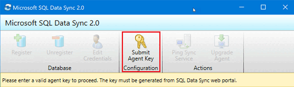 A screenshot from the Microsoft SQL Data Sync 2.0 client agent app. The Submit Agent Key button is highlighted.
