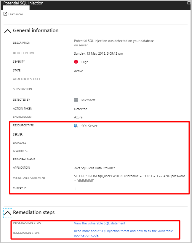 Screenshot of specific alert.