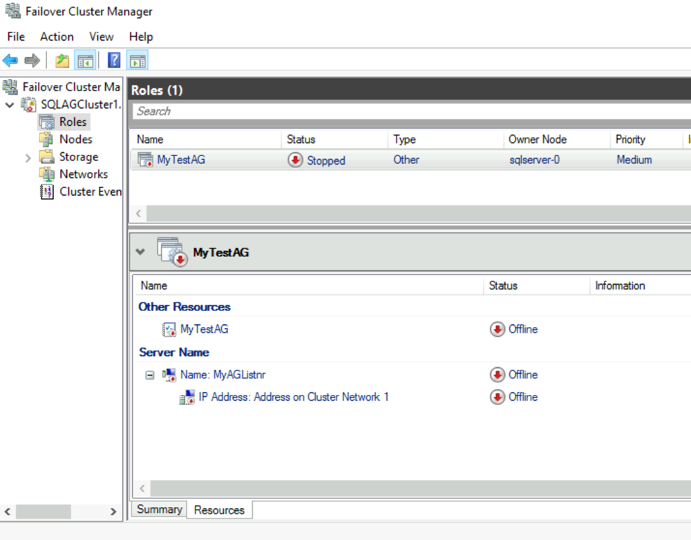 Screenshot of Failover Cluster Manager that shows an offline status for a client access point.