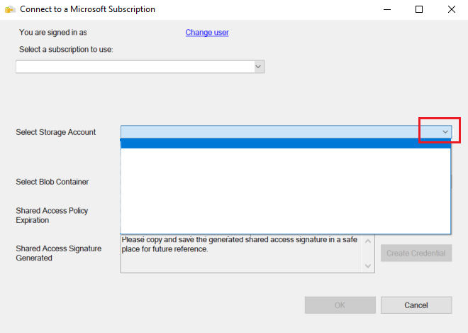 Screenshot of the Connect to a Microsoft Subscription dialog. The down arrow on the Select Storage Account list box is called out.
