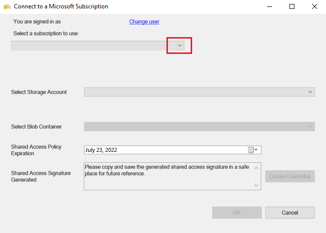 Screenshot of the Connect to a Microsoft Subscription dialog. Under Select a subscription to use, the down arrow on the list box is called out.