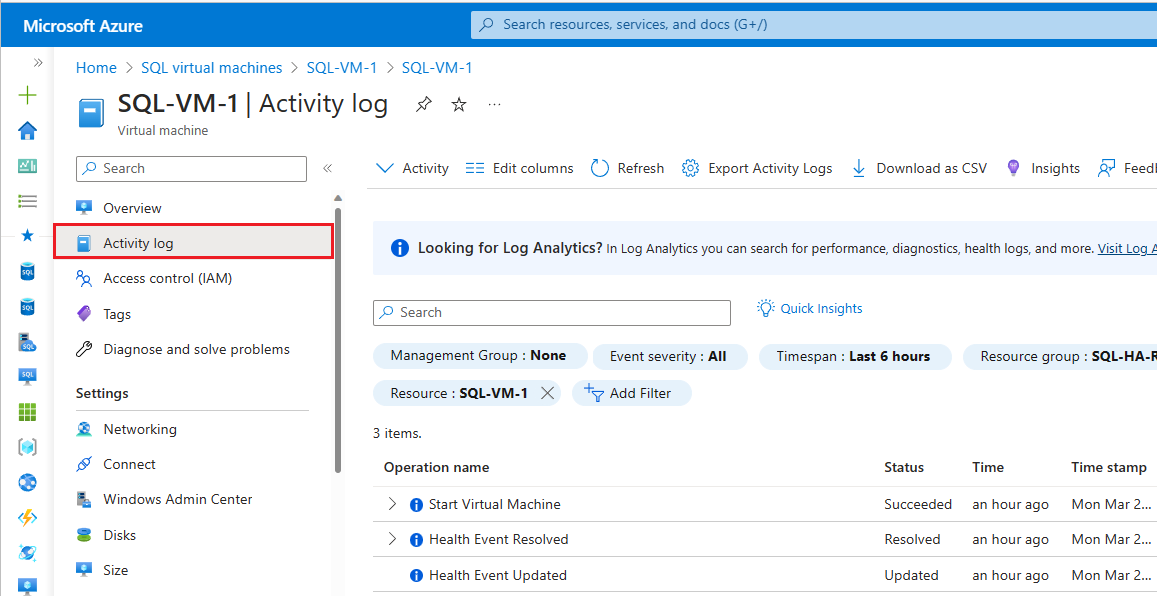 Screenshot of the Azure portal, showing the Activity log. 